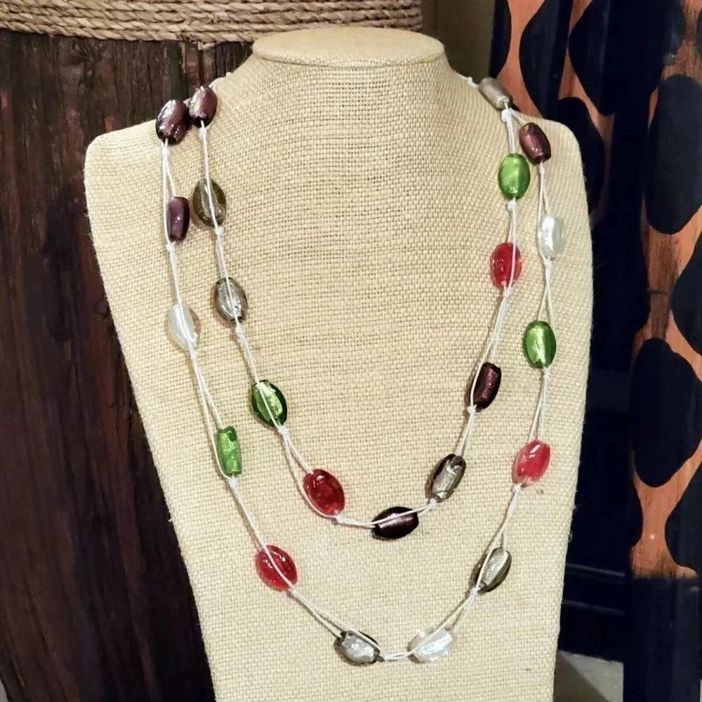 Jewel Tone Lampwork Glass Beads Double Strand 24" Long Necklace